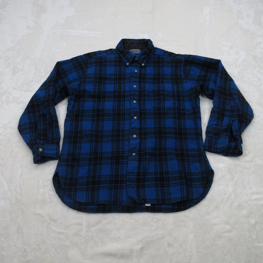 Vintage Pendleton Virgin Wool Shirt Mens Large 1960s Blue Plaid Button Up USA